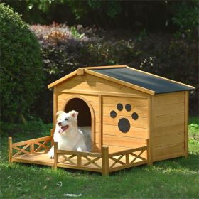 48" Wooden Dog House Outdoor with Porch, Dog Kennel with Water-Resistant Asphalt Roof and Fencing,Indoor & Outdoor Dog Crate with Paw Print, Medi 48" Wooden Dog House Outdoor with Porch, Dog Kennel with Water-Resistant Asphalt Roof and Fencing,Indoor & Outdoor Dog Crate with Paw Print, Medi